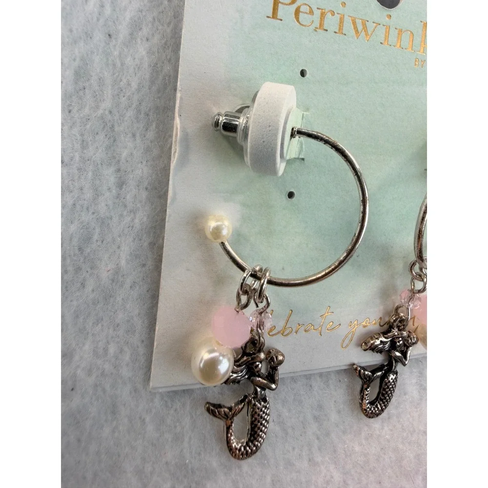 Periwinkle by Barlow Mermaid Charm Hoop Earrings Silver Tone Pink Pearl NEW